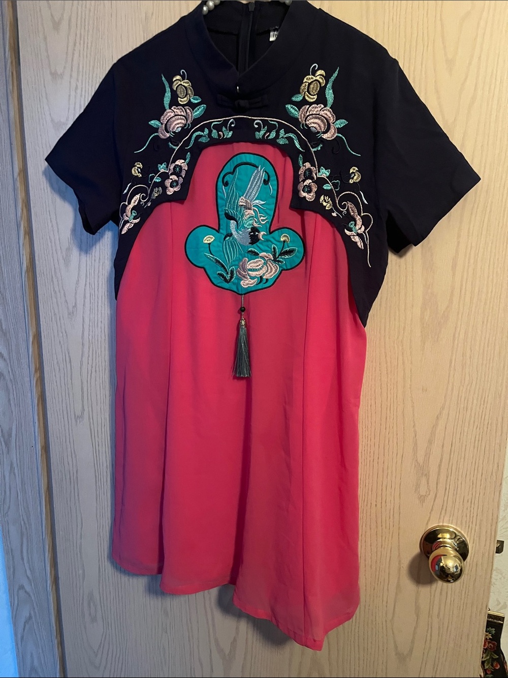 Embroidered Black & Pink Mini Dress with Teal Accent